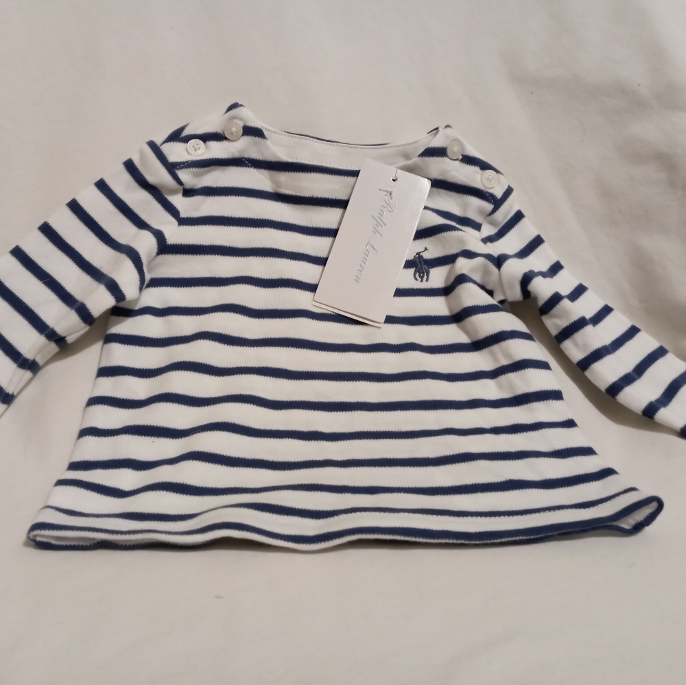 Ralph Lauren Baby Boy's Blue And White Striped Long Sleeve Shirt, Size- 3M